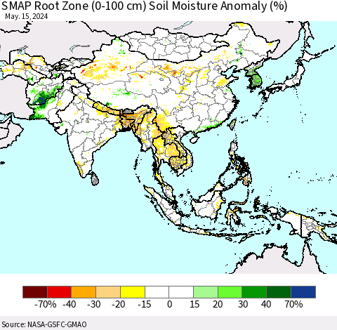 Asia SMAP Root Zone (0-100 cm) Soil Moisture Anomaly (%) Thematic Map For 5/11/2024 - 5/15/2024
