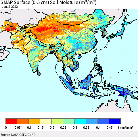 Asia SMAP Surface (0-5 cm) Soil Moisture (m³/m³) Thematic Map For 1/1/2022 - 1/5/2022