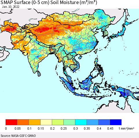 Asia SMAP Surface (0-5 cm) Soil Moisture (m³/m³) Thematic Map For 1/6/2022 - 1/10/2022