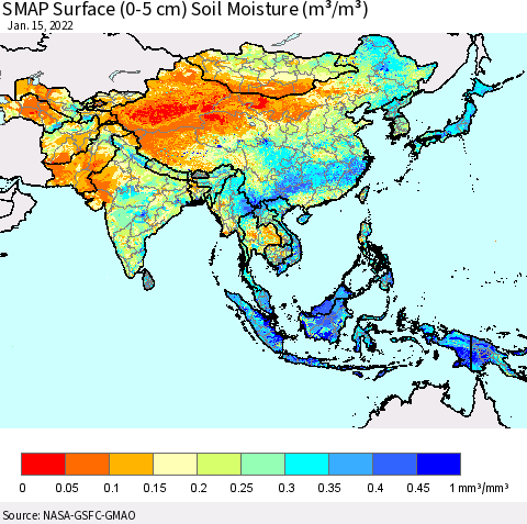 Asia SMAP Surface (0-5 cm) Soil Moisture (m³/m³) Thematic Map For 1/11/2022 - 1/15/2022