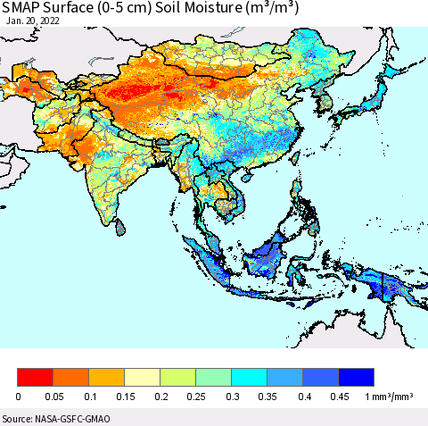Asia SMAP Surface (0-5 cm) Soil Moisture (m³/m³) Thematic Map For 1/16/2022 - 1/20/2022