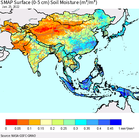 Asia SMAP Surface (0-5 cm) Soil Moisture (m³/m³) Thematic Map For 1/21/2022 - 1/25/2022