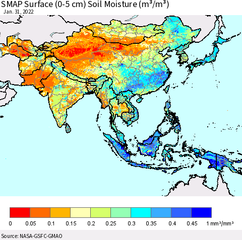 Asia SMAP Surface (0-5 cm) Soil Moisture (m³/m³) Thematic Map For 1/26/2022 - 1/31/2022