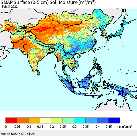 Asia SMAP Surface (0-5 cm) Soil Moisture (m³/m³) Thematic Map For 2/1/2022 - 2/5/2022