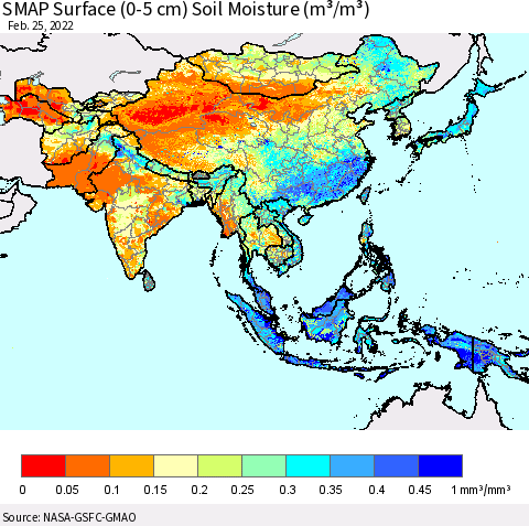 Asia SMAP Surface (0-5 cm) Soil Moisture (m³/m³) Thematic Map For 2/21/2022 - 2/25/2022