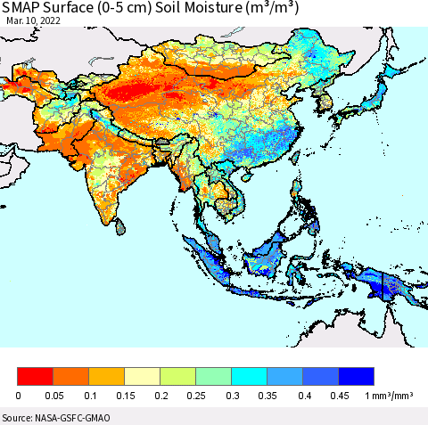 Asia SMAP Surface (0-5 cm) Soil Moisture (m³/m³) Thematic Map For 3/6/2022 - 3/10/2022
