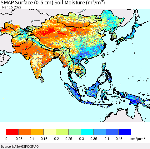 Asia SMAP Surface (0-5 cm) Soil Moisture (m³/m³) Thematic Map For 3/11/2022 - 3/15/2022