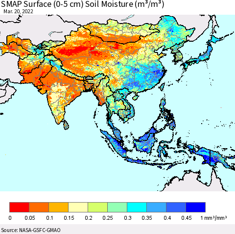 Asia SMAP Surface (0-5 cm) Soil Moisture (m³/m³) Thematic Map For 3/16/2022 - 3/20/2022