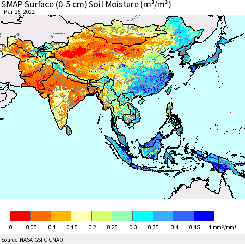 Asia SMAP Surface (0-5 cm) Soil Moisture (m³/m³) Thematic Map For 3/21/2022 - 3/25/2022