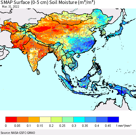 Asia SMAP Surface (0-5 cm) Soil Moisture (m³/m³) Thematic Map For 3/26/2022 - 3/31/2022