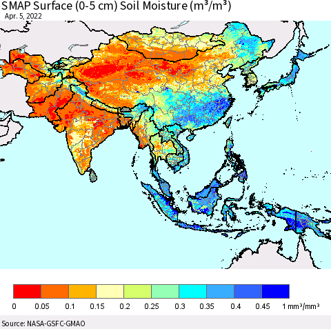 Asia SMAP Surface (0-5 cm) Soil Moisture (m³/m³) Thematic Map For 4/1/2022 - 4/5/2022