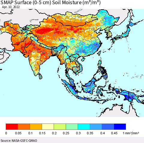 Asia SMAP Surface (0-5 cm) Soil Moisture (m³/m³) Thematic Map For 4/6/2022 - 4/10/2022
