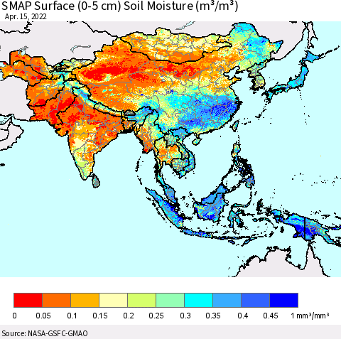 Asia SMAP Surface (0-5 cm) Soil Moisture (m³/m³) Thematic Map For 4/11/2022 - 4/15/2022