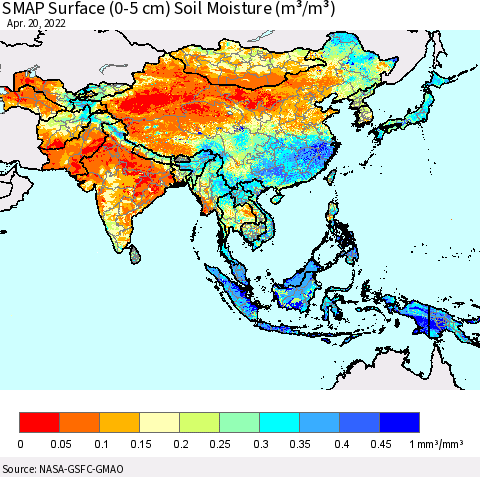 Asia SMAP Surface (0-5 cm) Soil Moisture (m³/m³) Thematic Map For 4/16/2022 - 4/20/2022