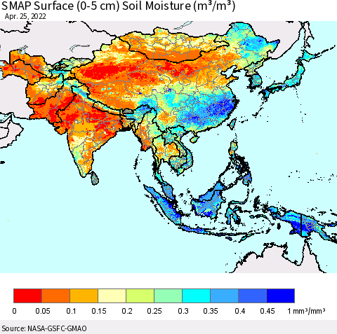 Asia SMAP Surface (0-5 cm) Soil Moisture (m³/m³) Thematic Map For 4/21/2022 - 4/25/2022