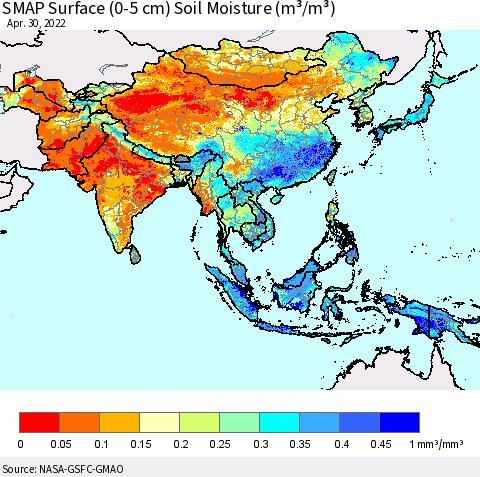 Asia SMAP Surface (0-5 cm) Soil Moisture (m³/m³) Thematic Map For 4/26/2022 - 4/30/2022