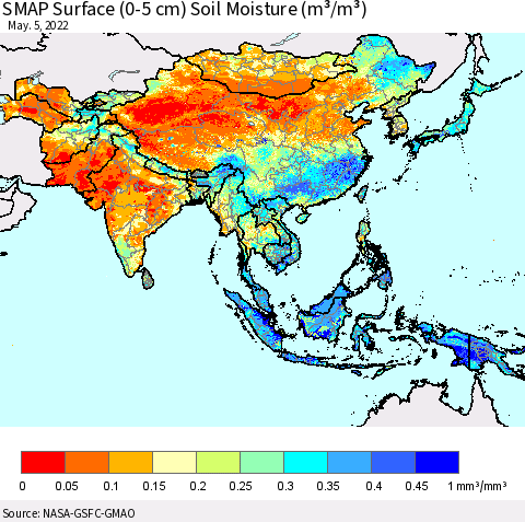 Asia SMAP Surface (0-5 cm) Soil Moisture (m³/m³) Thematic Map For 5/1/2022 - 5/5/2022
