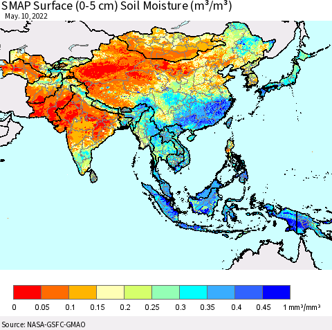 Asia SMAP Surface (0-5 cm) Soil Moisture (m³/m³) Thematic Map For 5/6/2022 - 5/10/2022