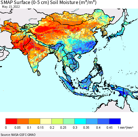 Asia SMAP Surface (0-5 cm) Soil Moisture (m³/m³) Thematic Map For 5/11/2022 - 5/15/2022