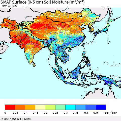 Asia SMAP Surface (0-5 cm) Soil Moisture (m³/m³) Thematic Map For 5/16/2022 - 5/20/2022