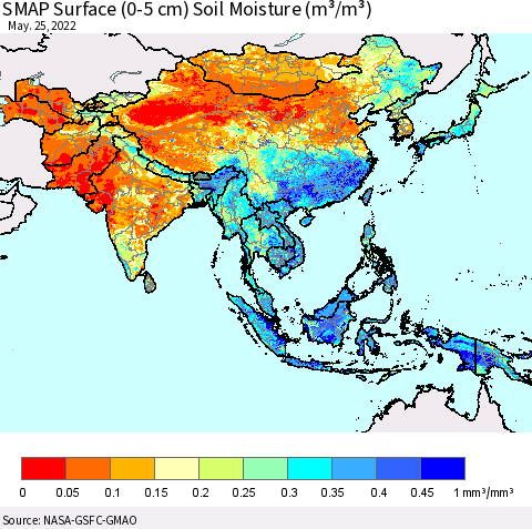 Asia SMAP Surface (0-5 cm) Soil Moisture (m³/m³) Thematic Map For 5/21/2022 - 5/25/2022