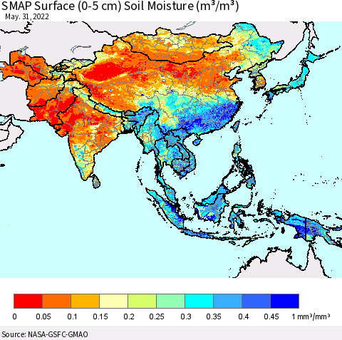 Asia SMAP Surface (0-5 cm) Soil Moisture (m³/m³) Thematic Map For 5/26/2022 - 5/31/2022