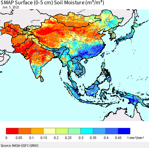 Asia SMAP Surface (0-5 cm) Soil Moisture (m³/m³) Thematic Map For 6/1/2022 - 6/5/2022