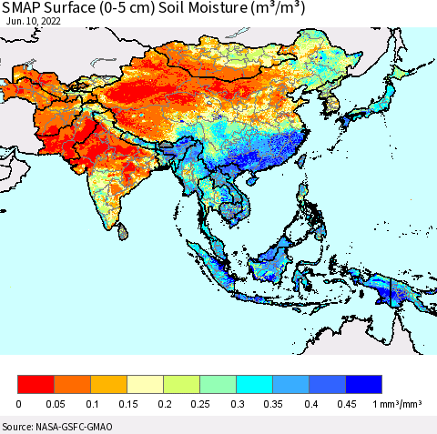 Asia SMAP Surface (0-5 cm) Soil Moisture (m³/m³) Thematic Map For 6/6/2022 - 6/10/2022