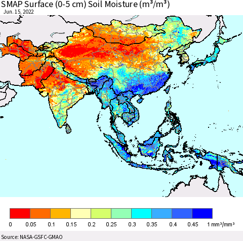 Asia SMAP Surface (0-5 cm) Soil Moisture (m³/m³) Thematic Map For 6/11/2022 - 6/15/2022