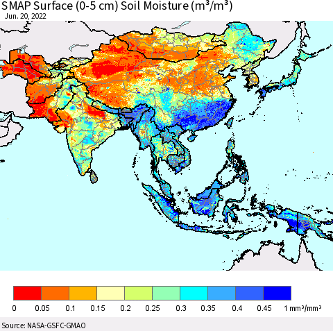 Asia SMAP Surface (0-5 cm) Soil Moisture (m³/m³) Thematic Map For 6/16/2022 - 6/20/2022