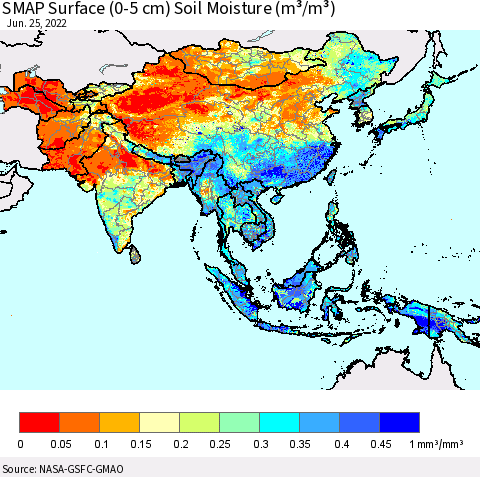 Asia SMAP Surface (0-5 cm) Soil Moisture (m³/m³) Thematic Map For 6/21/2022 - 6/25/2022