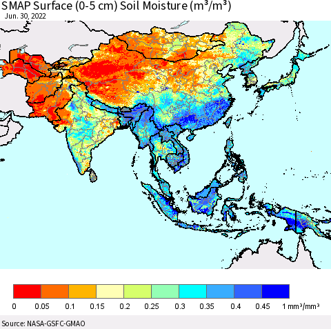 Asia SMAP Surface (0-5 cm) Soil Moisture (m³/m³) Thematic Map For 6/26/2022 - 6/30/2022