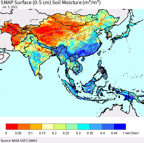 Asia SMAP Surface (0-5 cm) Soil Moisture (m³/m³) Thematic Map For 7/1/2022 - 7/5/2022