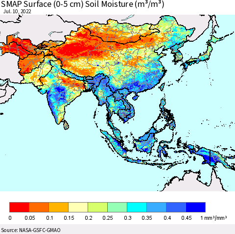 Asia SMAP Surface (0-5 cm) Soil Moisture (m³/m³) Thematic Map For 7/6/2022 - 7/10/2022