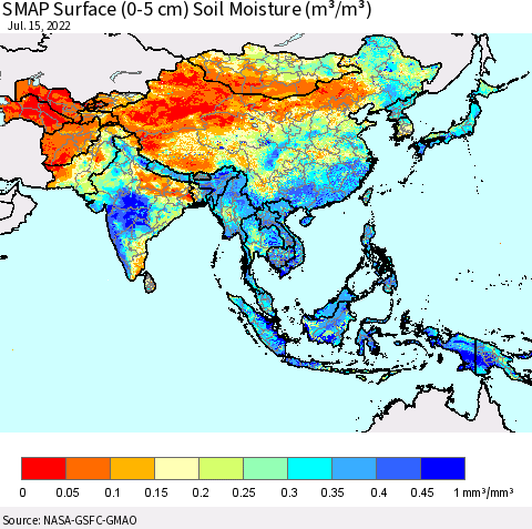 Asia SMAP Surface (0-5 cm) Soil Moisture (m³/m³) Thematic Map For 7/11/2022 - 7/15/2022