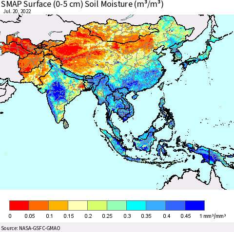 Asia SMAP Surface (0-5 cm) Soil Moisture (m³/m³) Thematic Map For 7/16/2022 - 7/20/2022