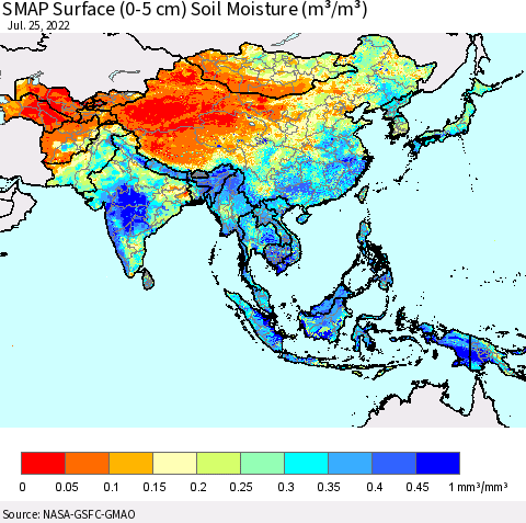 Asia SMAP Surface (0-5 cm) Soil Moisture (m³/m³) Thematic Map For 7/21/2022 - 7/25/2022