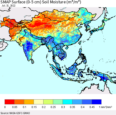 Asia SMAP Surface (0-5 cm) Soil Moisture (m³/m³) Thematic Map For 7/26/2022 - 7/31/2022