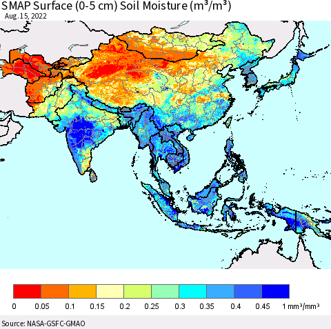 Asia SMAP Surface (0-5 cm) Soil Moisture (m³/m³) Thematic Map For 8/11/2022 - 8/15/2022