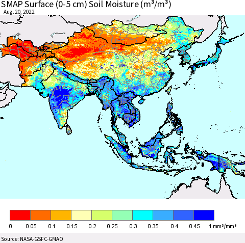Asia SMAP Surface (0-5 cm) Soil Moisture (m³/m³) Thematic Map For 8/16/2022 - 8/20/2022