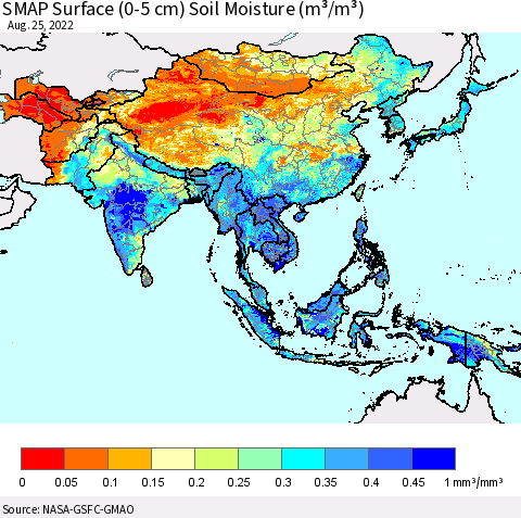 Asia SMAP Surface (0-5 cm) Soil Moisture (m³/m³) Thematic Map For 8/21/2022 - 8/25/2022