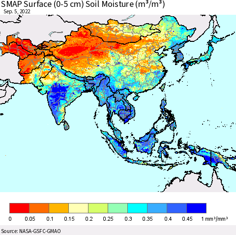 Asia SMAP Surface (0-5 cm) Soil Moisture (m³/m³) Thematic Map For 9/1/2022 - 9/5/2022