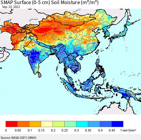 Asia SMAP Surface (0-5 cm) Soil Moisture (m³/m³) Thematic Map For 9/6/2022 - 9/10/2022