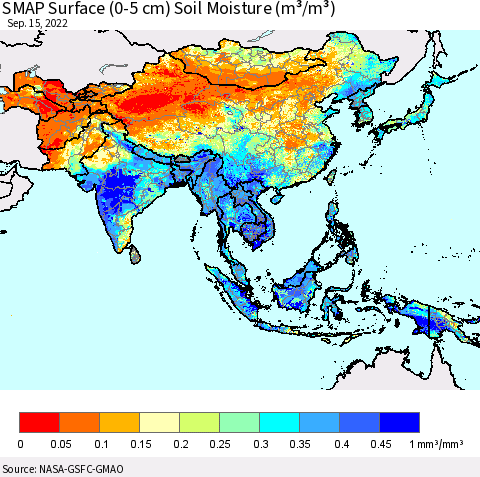 Asia SMAP Surface (0-5 cm) Soil Moisture (m³/m³) Thematic Map For 9/11/2022 - 9/15/2022