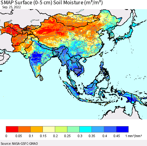 Asia SMAP Surface (0-5 cm) Soil Moisture (m³/m³) Thematic Map For 9/21/2022 - 9/25/2022