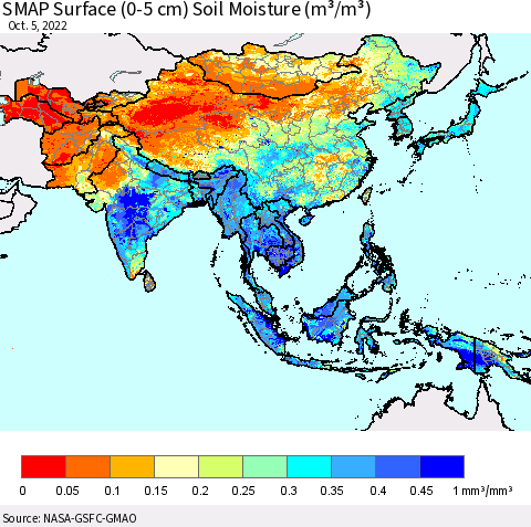 Asia SMAP Surface (0-5 cm) Soil Moisture (m³/m³) Thematic Map For 10/1/2022 - 10/5/2022