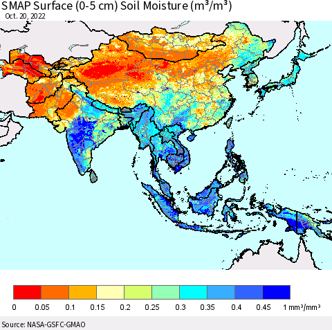 Asia SMAP Surface (0-5 cm) Soil Moisture (m³/m³) Thematic Map For 10/16/2022 - 10/20/2022