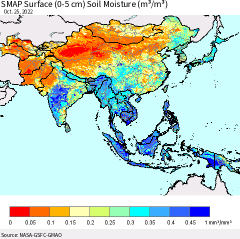 Asia SMAP Surface (0-5 cm) Soil Moisture (m³/m³) Thematic Map For 10/21/2022 - 10/25/2022