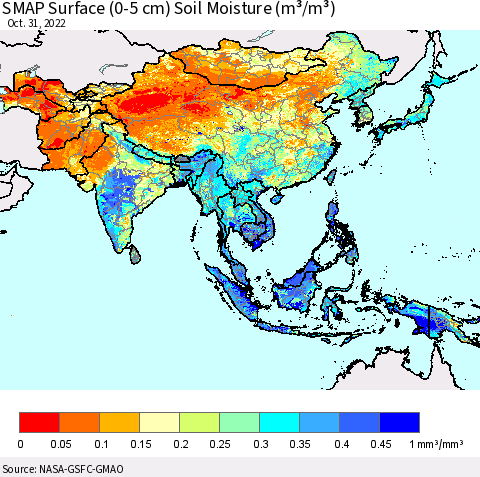 Asia SMAP Surface (0-5 cm) Soil Moisture (m³/m³) Thematic Map For 10/26/2022 - 10/31/2022