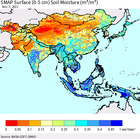 Asia SMAP Surface (0-5 cm) Soil Moisture (m³/m³) Thematic Map For 11/1/2022 - 11/5/2022